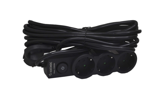 Удлинитель Космос 10A  220V 3 розетки 5м, черный