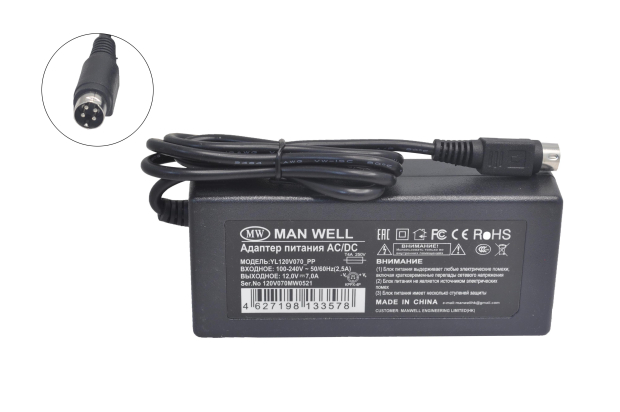 Блок питания 220V/12V  7.0A Manwell YL120V070_PP (KPPX-4P) импульсный (адаптер) без сетевого шнура