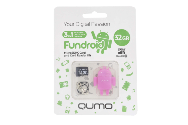 30705 Комплект Qumo карта памяти MicroSD 32Gb Class10 + USB картридер Fundroid (розовый)